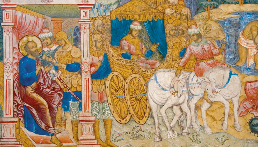 Исцеление сирийского военачальника Неемана пророком Елисеем. Фреска церкви святого пророка Илии в Ярославле. XVII век