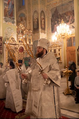 Митрополит Игнатий совершил Великую вечерню в соединении с Литургией святителя Василия Великого и чин Великого освящения воды в Покровском соборе г. Саратова