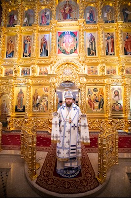Митрополит Игнатий совершил вечернее богослужение с чтением акафиста Пресвятой Богородице в Свято-Троицком кафедральном соборе г. Саратова